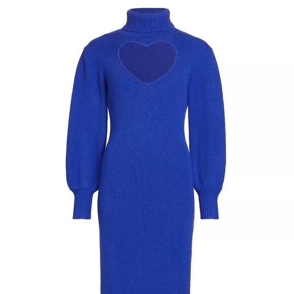 NWT FARM Rio Blue Midi Heart Cut Out Unique Date Night Knit Fall Sweater Dress - Picture 3 of 10